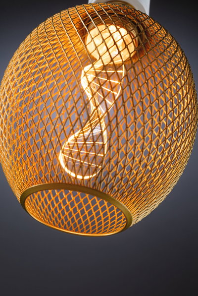 Plafonnier rond en treillis métallique doré avec ampoule LED blanc chaud pour intérieur moderne