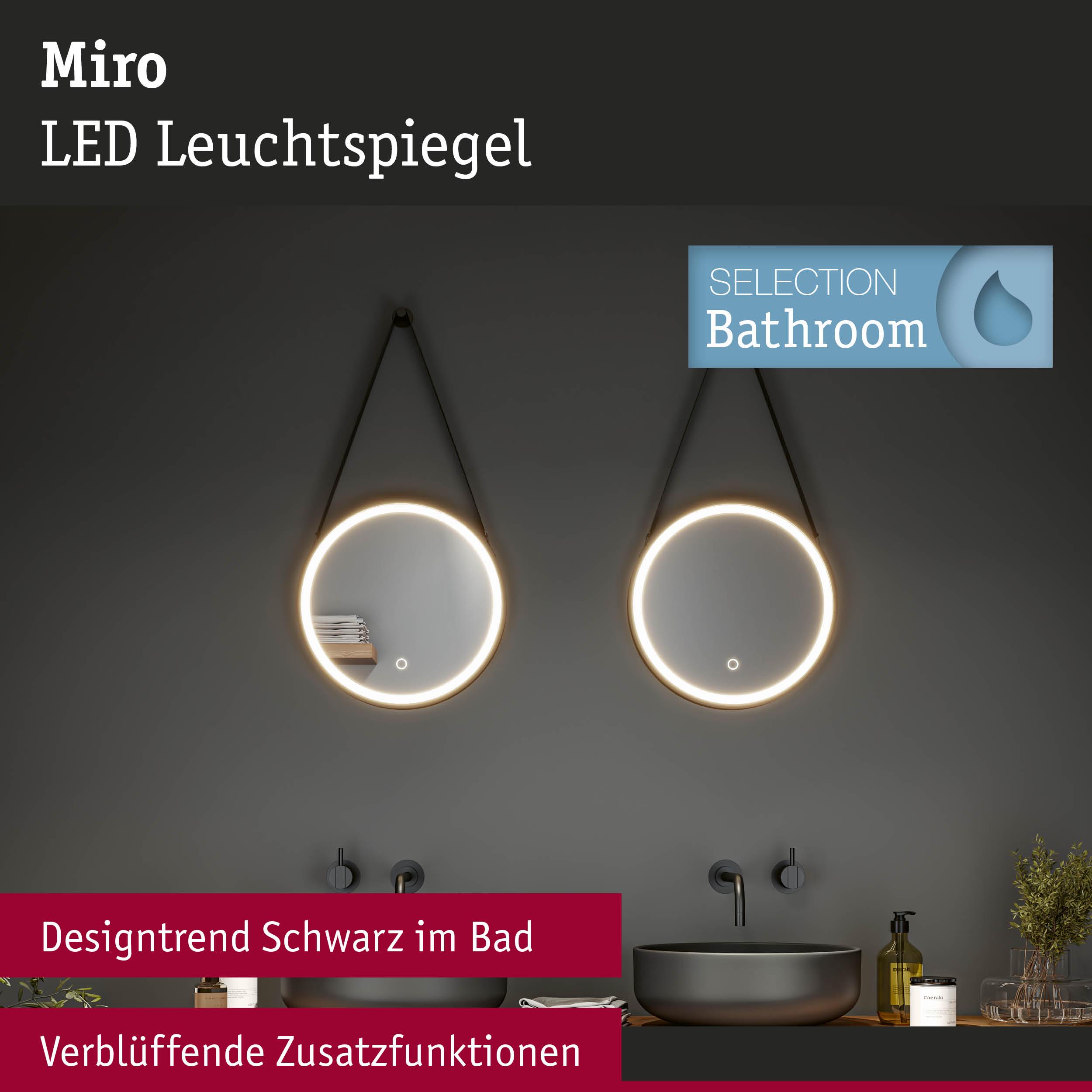 Miro LED Leuchtspiegel mit schwarzem Rahmen und warmweißem Licht für modernes Badezimmerdesign