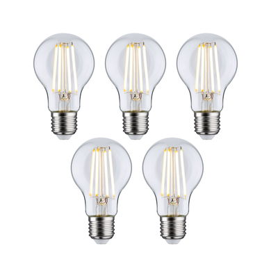 Five clear LED filament bulbs with E27 base for energy-efficient lighting solutions