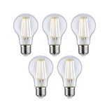 Five clear LED filament bulbs with E27 base for energy-efficient lighting solutions