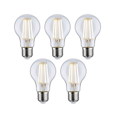 Five clear LED filament bulbs with E27 base for energy-efficient lighting solutions