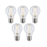 Five clear LED filament bulbs with E27 base for energy-efficient lighting solutions