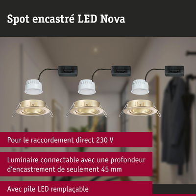 Spot encastré LED Nova doré avec module LED blanc, raccordement 230 V, profondeur d'encastrement 45 mm, éclairage économique