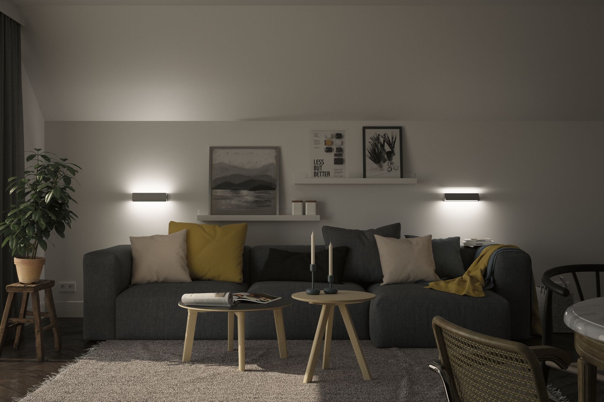 Modernes Wohnzimmer mit grauem Sofa, gelben und beigen Kissen, Holz-Tischen und Wandlampen für stimmungsvolle Beleuchtung