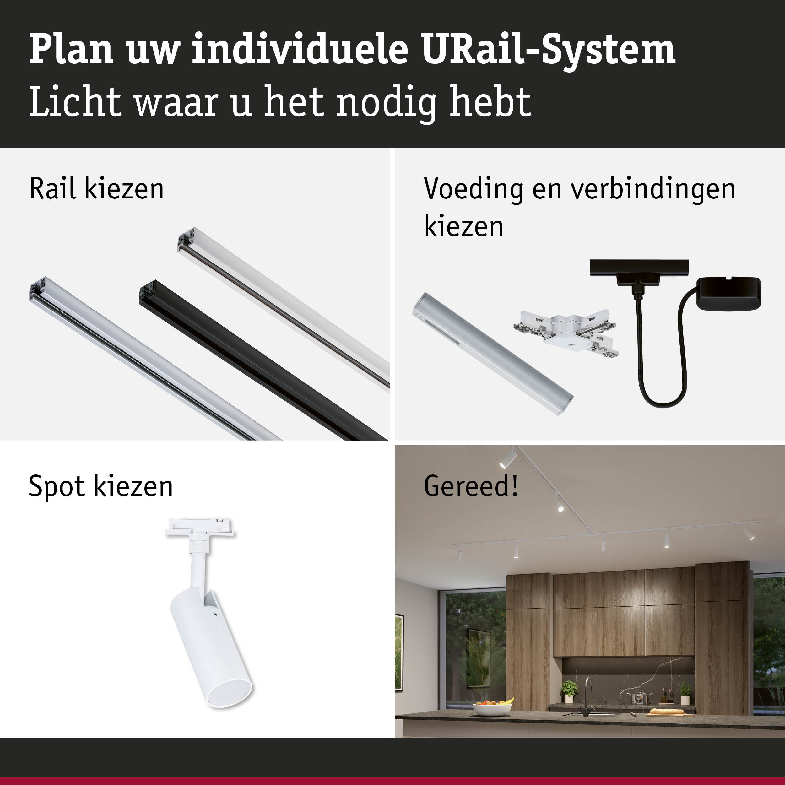 Modulair URail-systeem met aluminium rails in zwart en wit voor flexibele LED-verlichting.