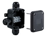 Boîte de jonction en plastique noir avec capuchons à vis et bloc de connexion blanc pour installations électriques