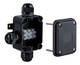 Boîte de jonction en plastique noir avec capuchons à vis et bloc de connexion blanc pour installations électriques