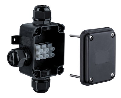 Schwarze Kunststoff-Verbindungsdose mit Schraubkappen und weißem Klemmenblock für Elektroinstallationen