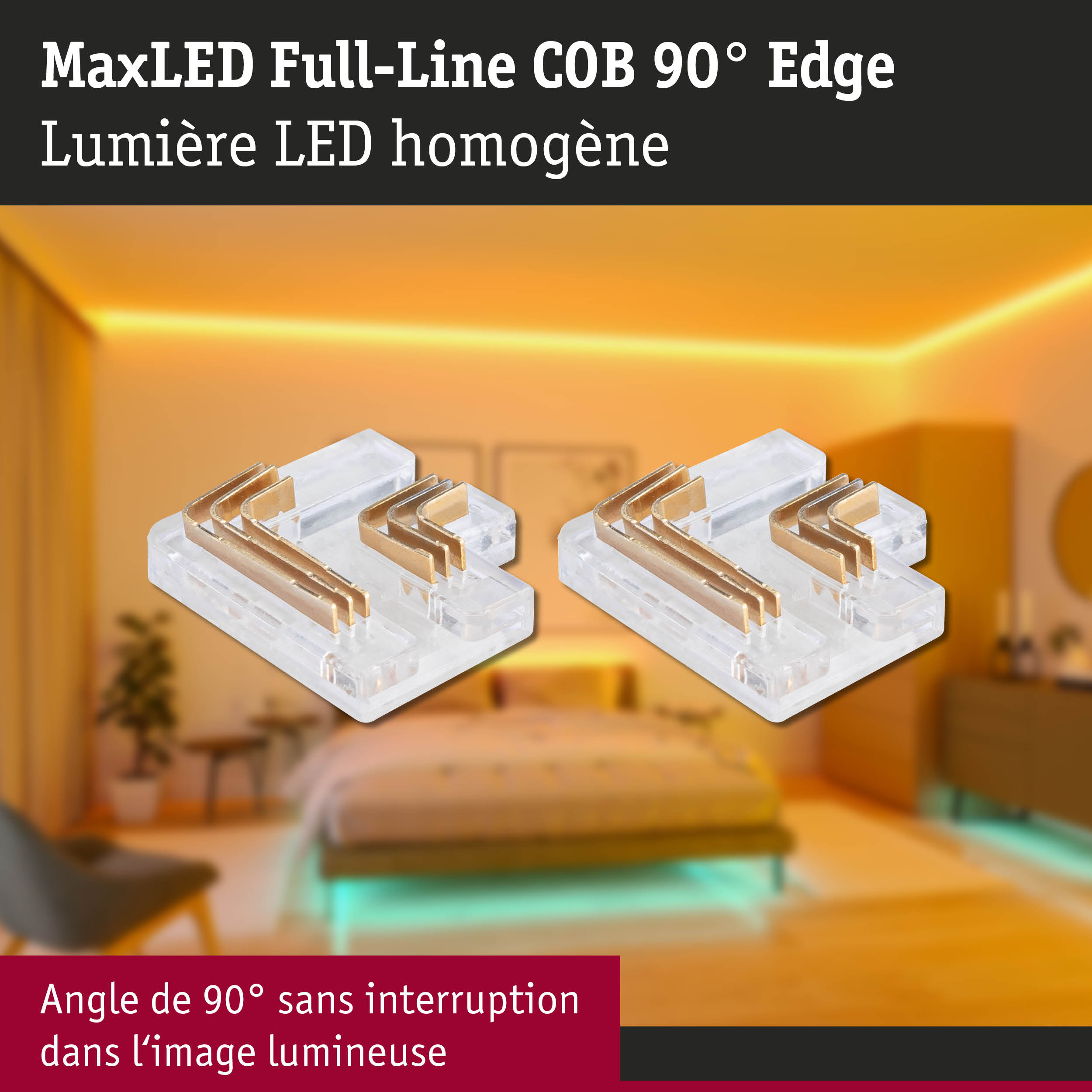 Connecteur d'angle MaxLED Full-Line COB 90° Edge en plastique transparent avec contacts métalliques