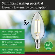 Energy-saving clear glass LED bulb with silver base highlighting significant energy savings.