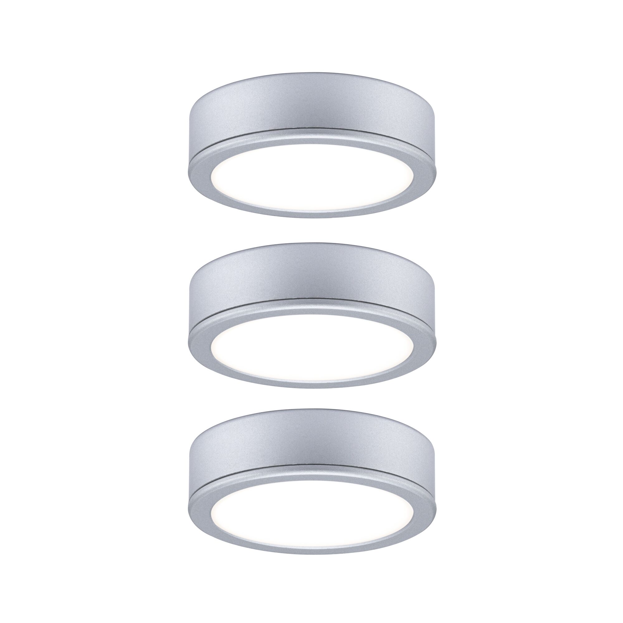 Trois plafonniers LED ronds en aluminium argenté avec lumière blanc chaud pour intérieur moderne