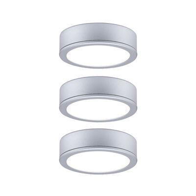 Trois plafonniers LED ronds en aluminium argenté avec lumière blanc chaud pour intérieur moderne