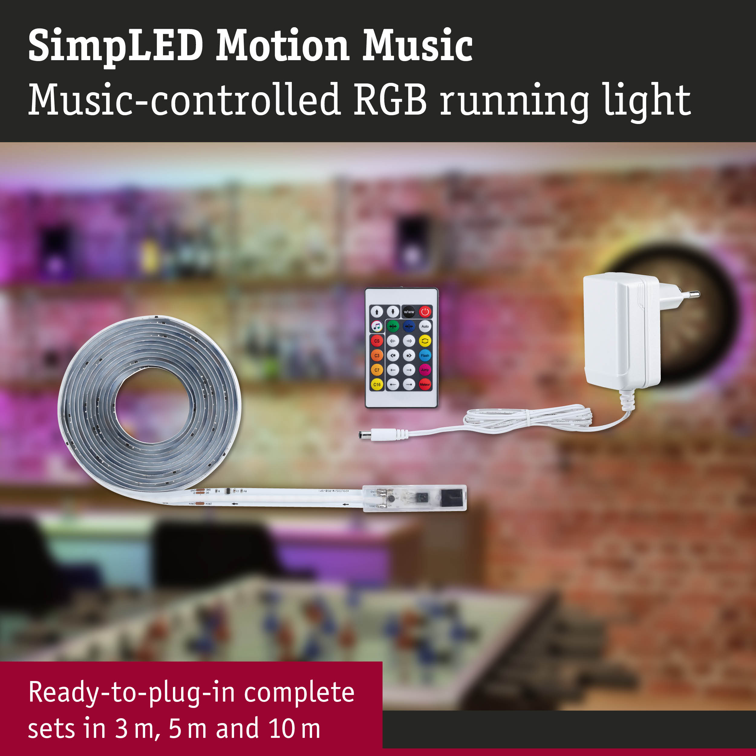 Music-controlled RGB LED strip with remote and power adapter, ambient lighting for home decor