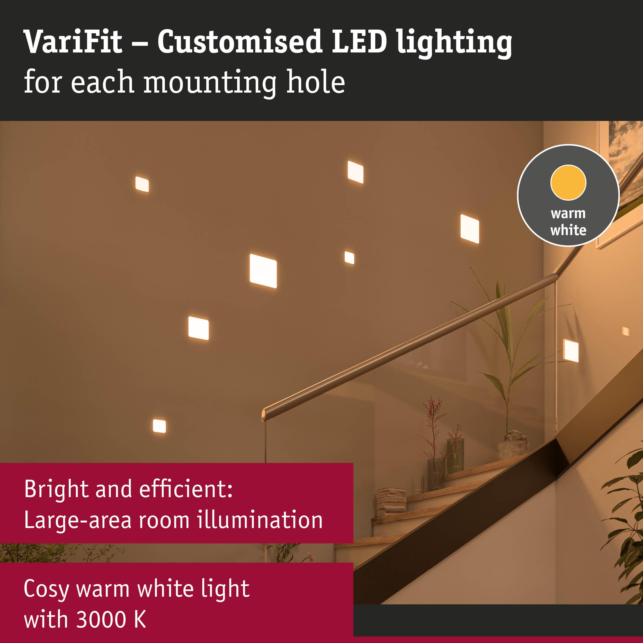 VariFit customised LED wall lights in warm white for large-area room illumination and flexible mounting