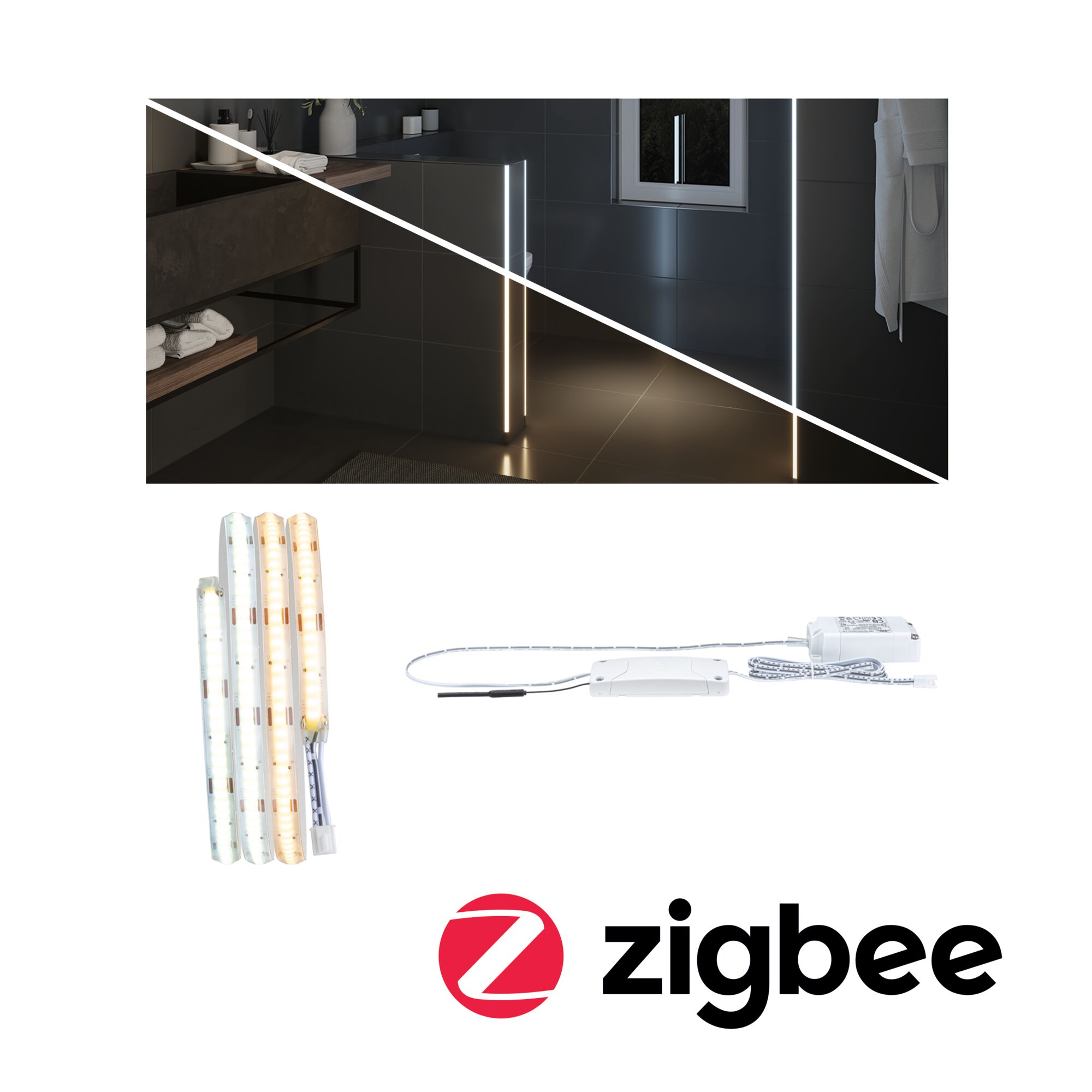 LumiTiles LED Strip Smart Home Zigbee 3.0 Full-Line COB Slim 1m IP44 3W 260lm/m 544 LEDs/m Tunable White 7VA LED-lichtstrips met controller in wit en warm wit voor slimme Zigbee-verlichting in moderne badkamer.