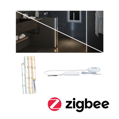 Bandeaux LED blancs et blanc chaud avec contrôleur pour éclairage intelligent Zigbee dans salle de bain moderne.