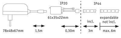 Technische Zeichnung eines Steckernetzteils mit Maßen 78x48x67mm und IP20 sowie IP44 Schutzart.