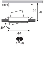 Technische Zeichnung eines einstellbaren Einbaustrahler mit 90 mm Durchmesser und 20 Grad Neigung.