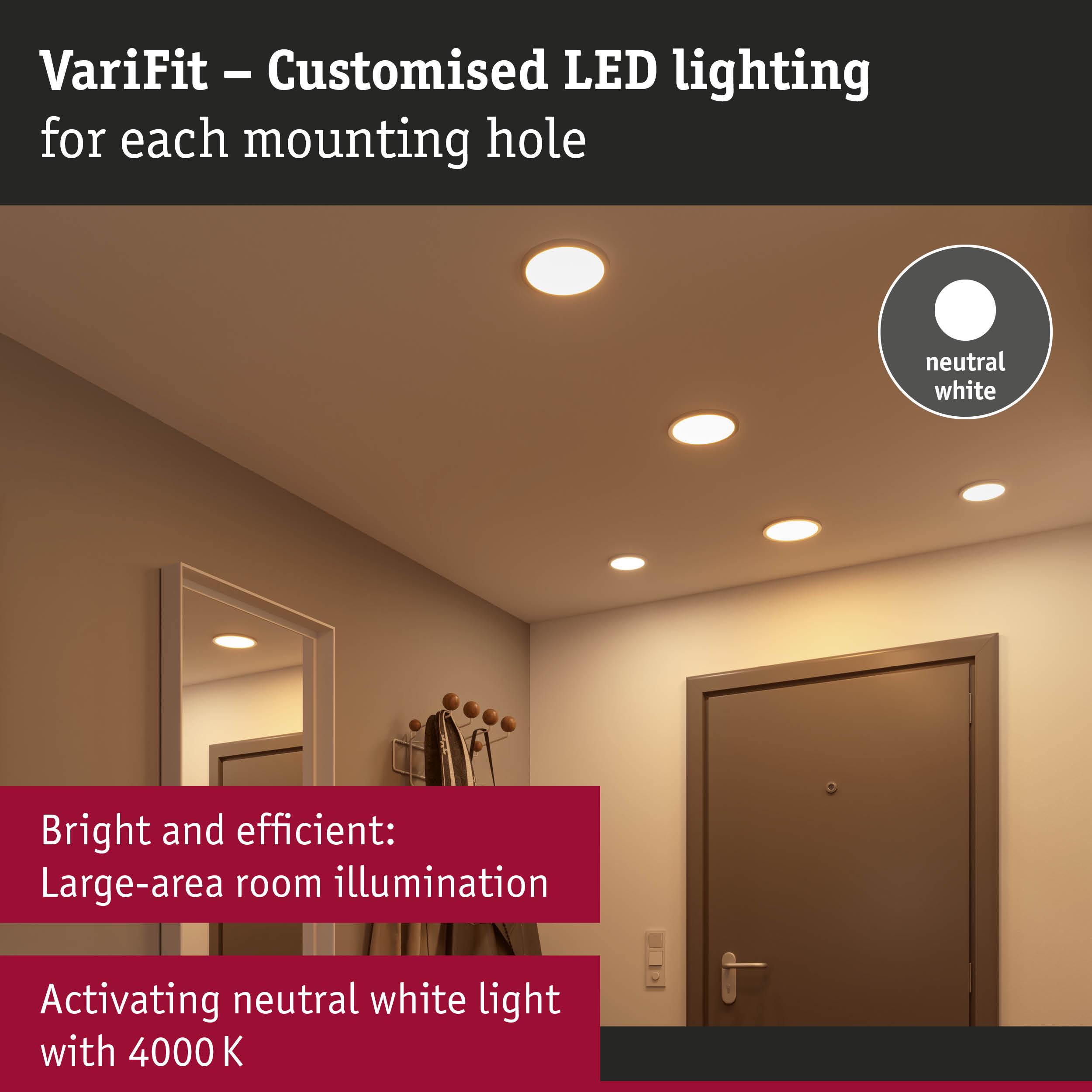 VariFit recessed LED lights in neutral white for large rooms, efficient ceiling illumination with 4000K light