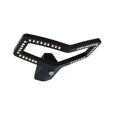 Black LED wall light with motion sensor and modern angular design for outdoor use.