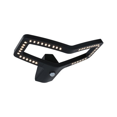 Schwarze LED-Wandleuchte mit Bewegungsmelder und modernem, eckigem Design für Außenbereiche.