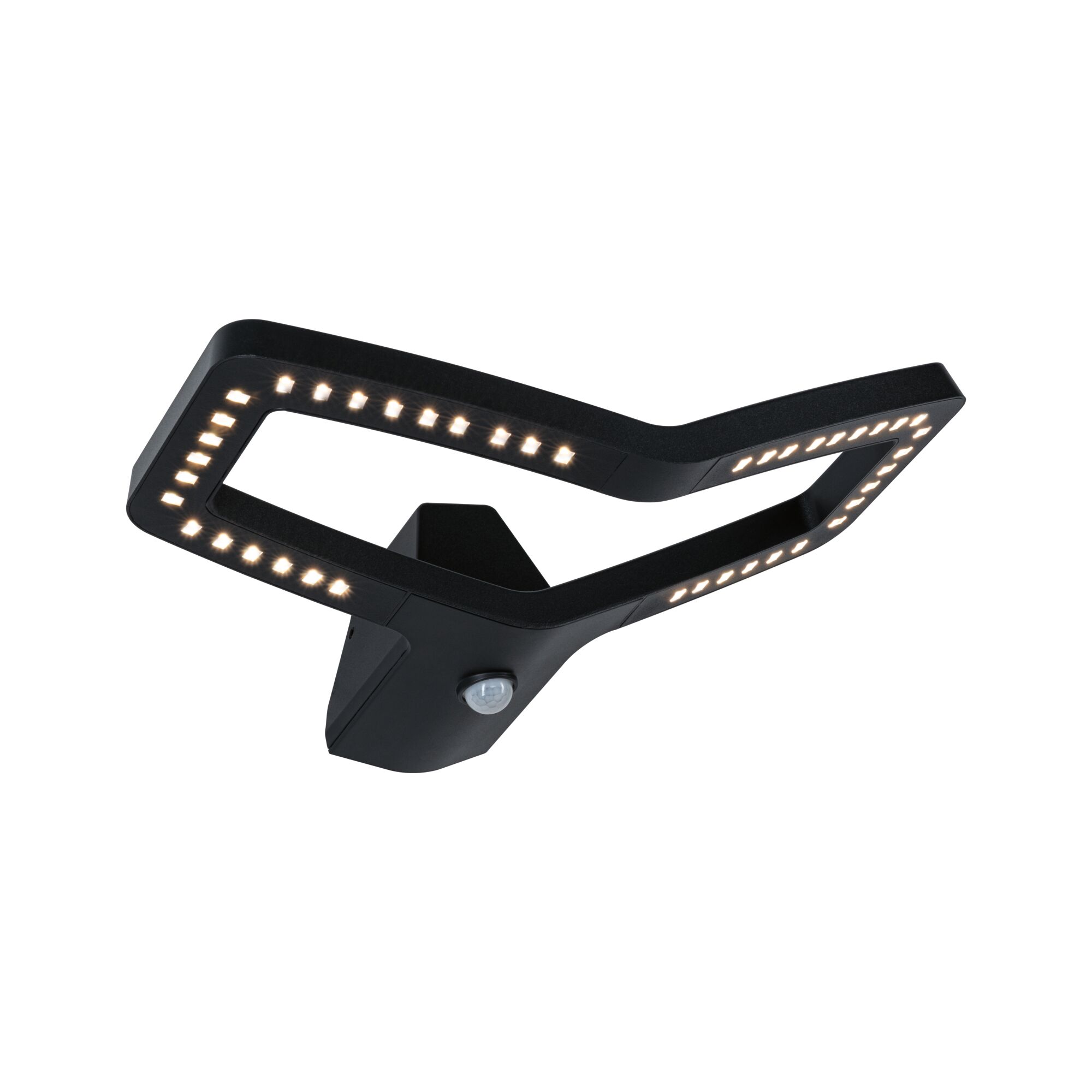 Black LED wall light with motion sensor and modern angular design for outdoor use.