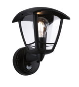Black metal outdoor wall light with clear glass and motion sensor for garden lighting
