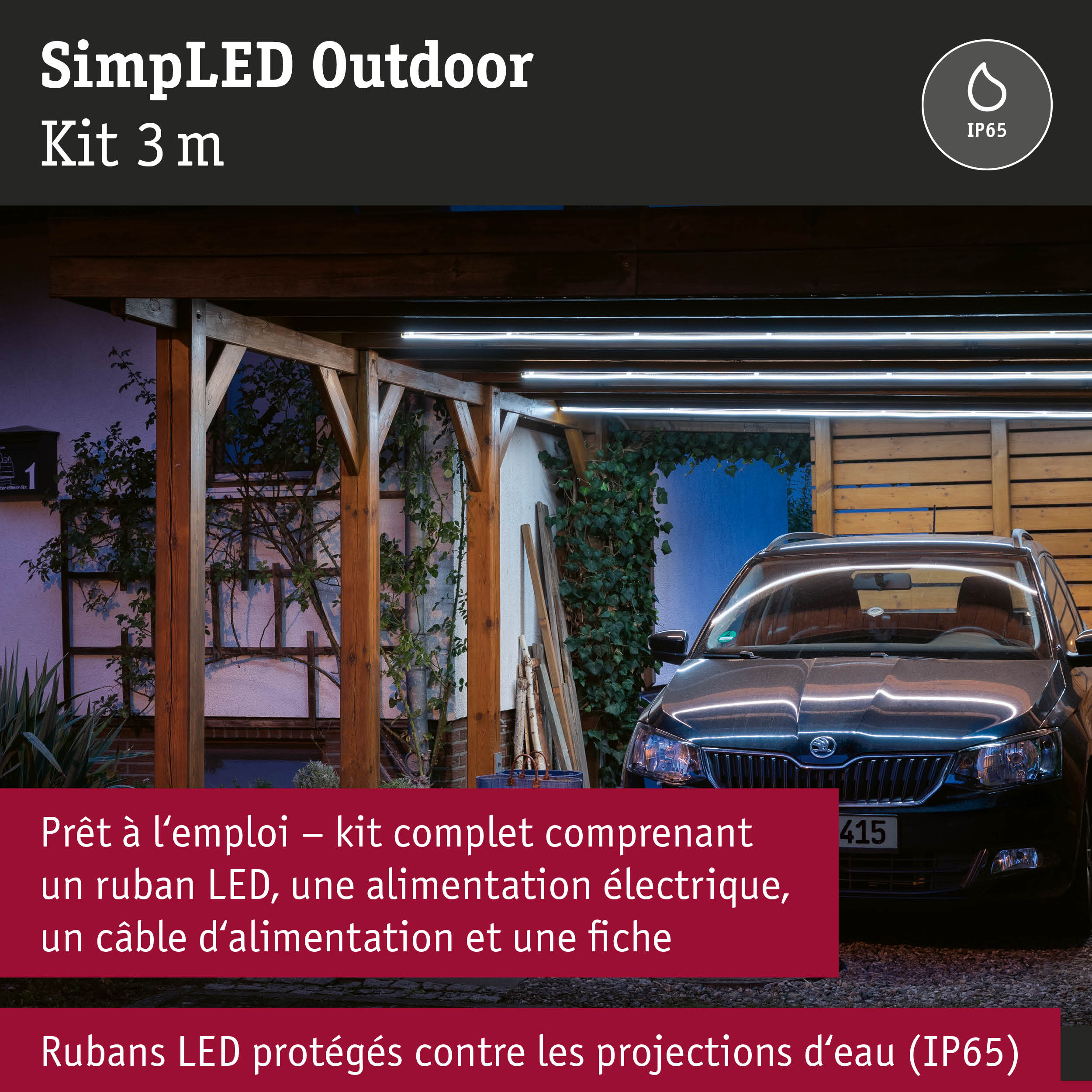 Kit SimplLED Outdoor 3 m avec bandes LED étanches sous un abri en bois pour éclairage extérieur