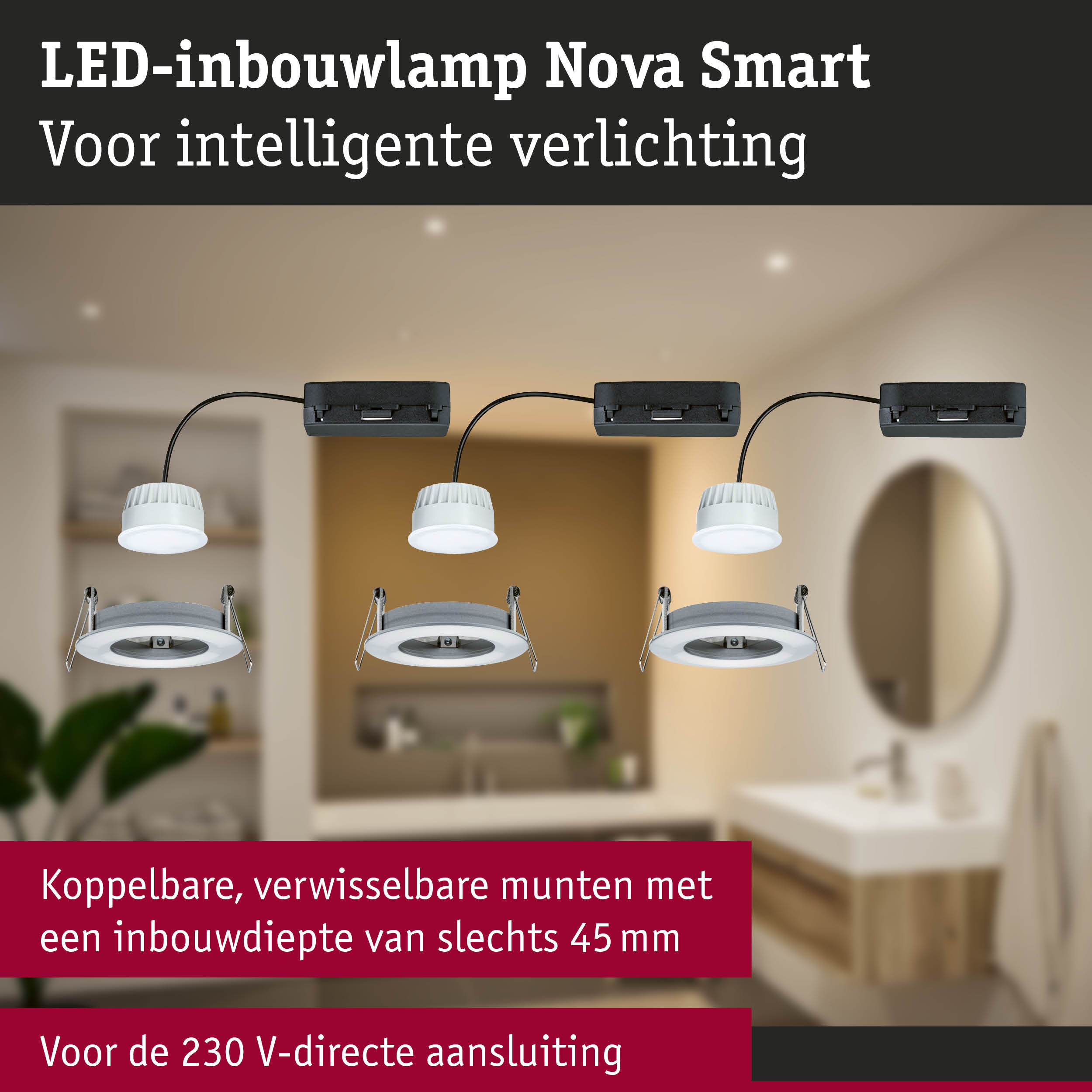 Witte LED-inbouwlamp Nova Smart met zwarte kabel voor slimme verlichting in huis