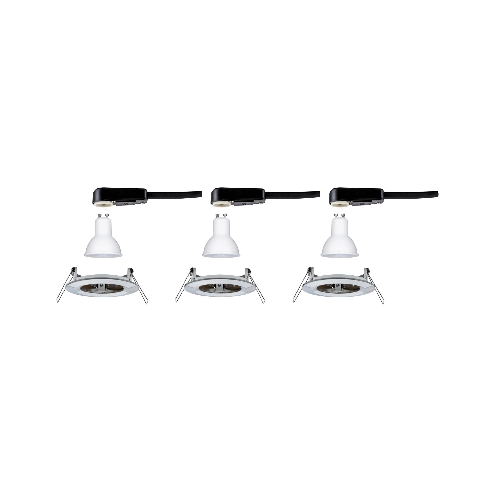 Drei weiße GU10 LED-Leuchtmittel mit Einbaurahmen und schwarzem Anschlusskabel für LED-Spots.