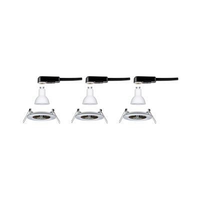 Drei weiße GU10 LED-Leuchtmittel mit Einbaurahmen und schwarzem Anschlusskabel für LED-Spots.