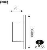 Technische Zeichnung einer quadratischen LED-Wandleuchte 80x80 mm mit 30 mm Tiefe und 55 mm Durchmesser Anschluss.