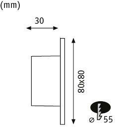 Technische Zeichnung einer quadratischen LED-Wandleuchte 80x80 mm mit 30 mm Tiefe und 55 mm Durchmesser Anschluss.