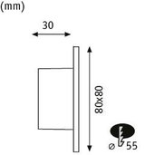 Technische Zeichnung einer quadratischen LED-Wandleuchte 80x80 mm mit 30 mm Tiefe und 55 mm Durchmesser Anschluss.