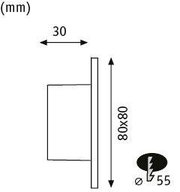 Technische Zeichnung einer quadratischen LED-Einbauleuchte mit 80x80 mm Abmessungen und 55 mm Durchmesser.
