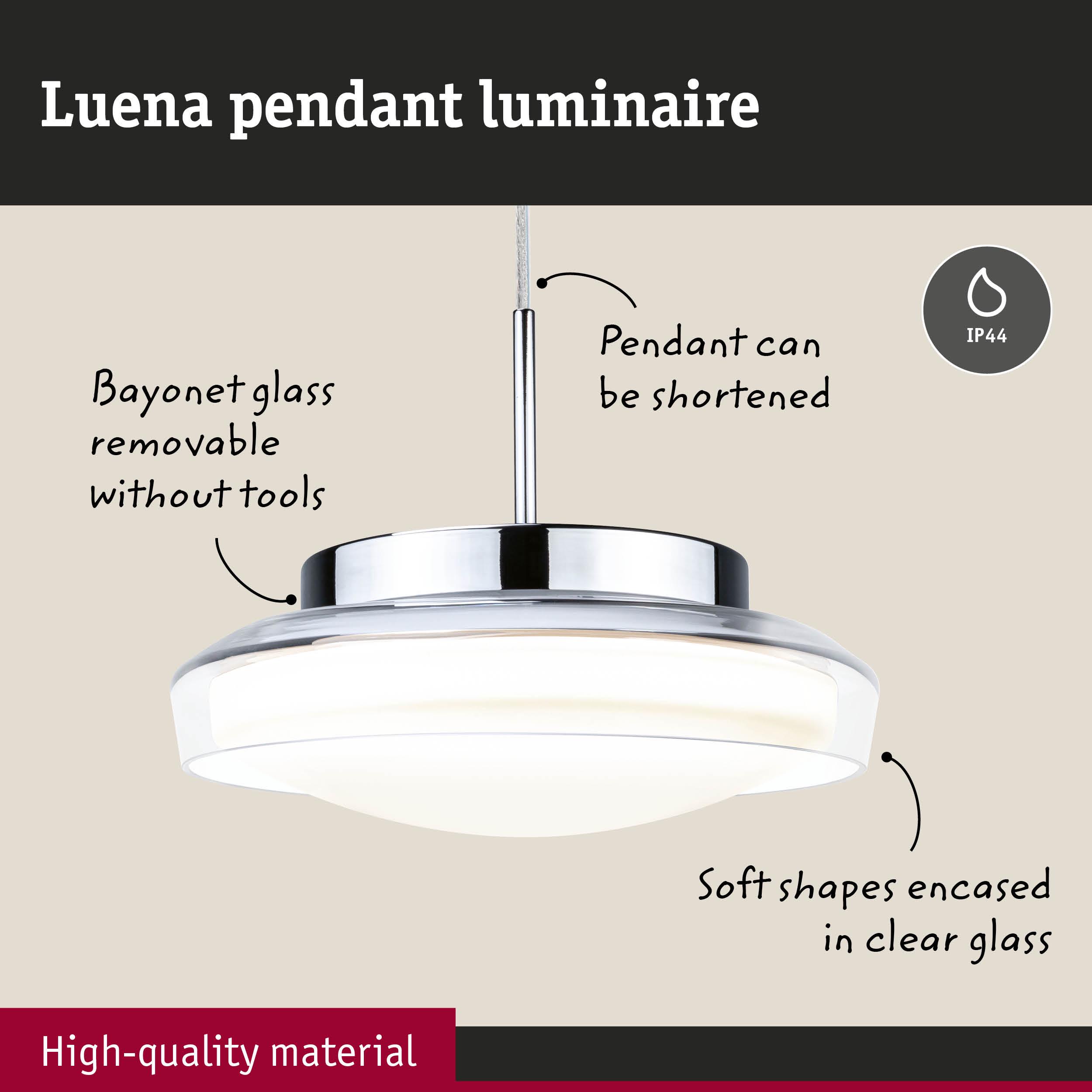 Luena pendant luminaire with clear glass and soft shapes, chrome metal finish, IP44 rated lighting