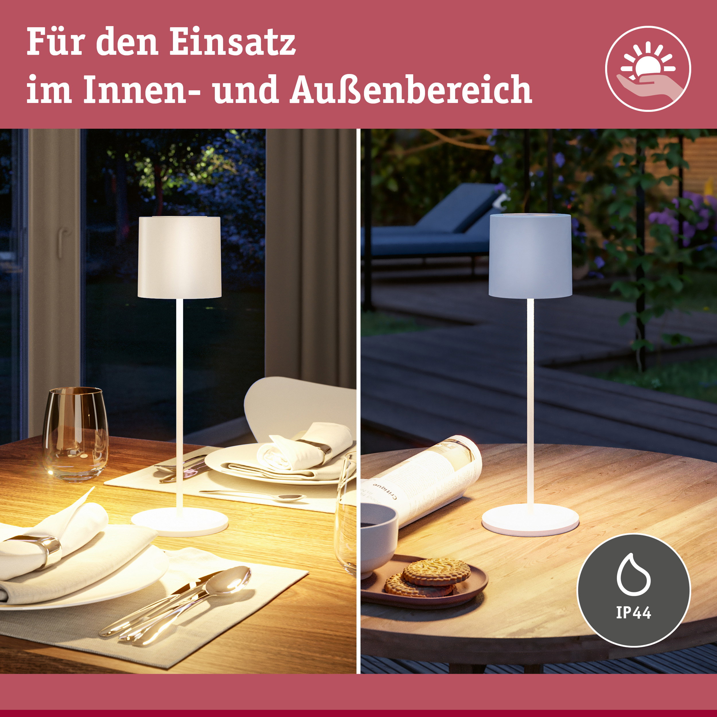 Weiße Stehlampe mit Stoffschirm auf Holztisch, geeignet für Innen- und Außenbereich mit IP44 Schutz