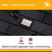 Zwarte solar LED grondlamp op donkere bestrating met lange batterijduur voor buitenverlichting