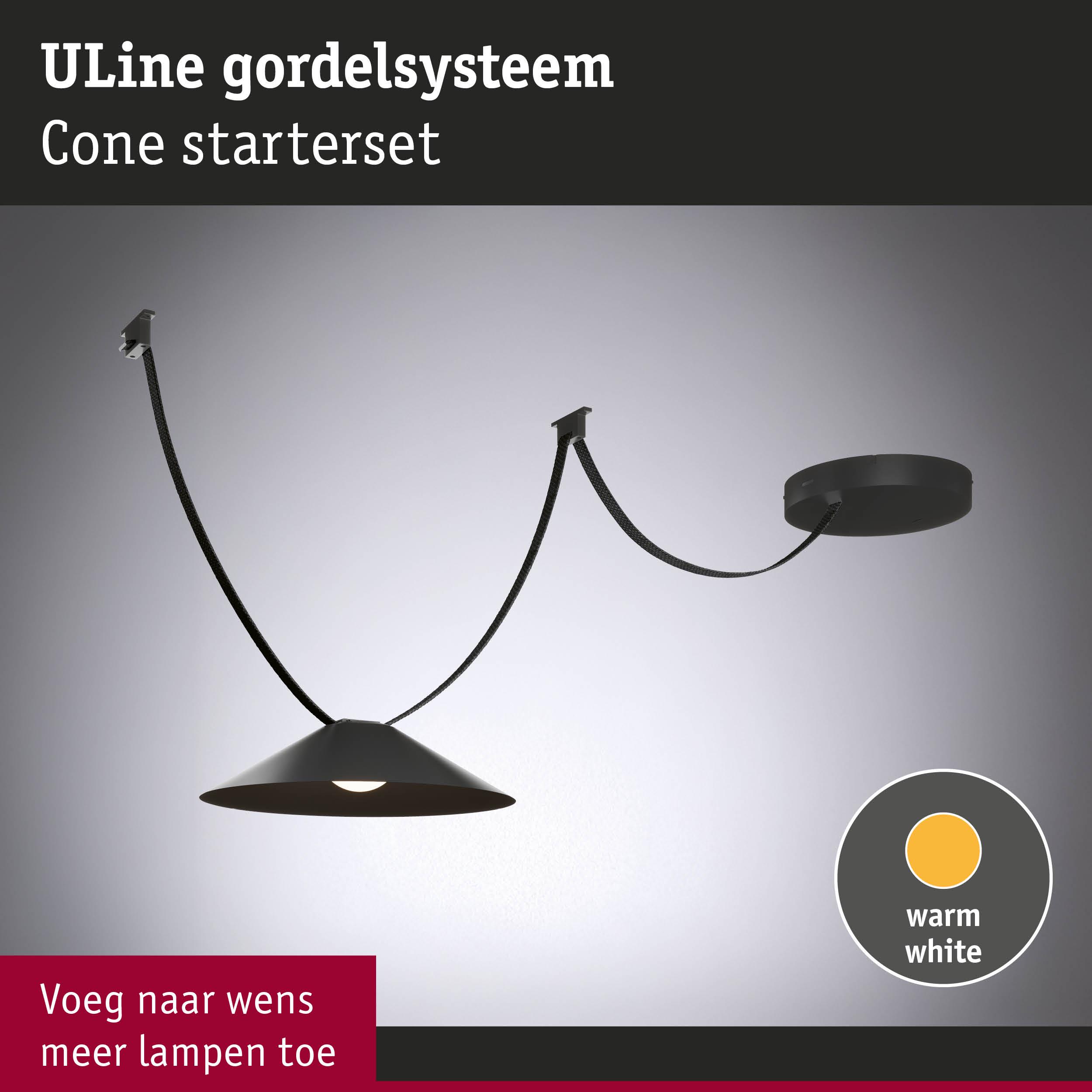Zwart ULine gordelsysteem met kegelvormige lamp en warm wit licht voor flexibele verlichting