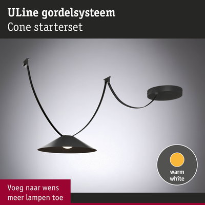Zwart ULine gordelsysteem met kegelvormige lamp en warm wit licht voor flexibele verlichting