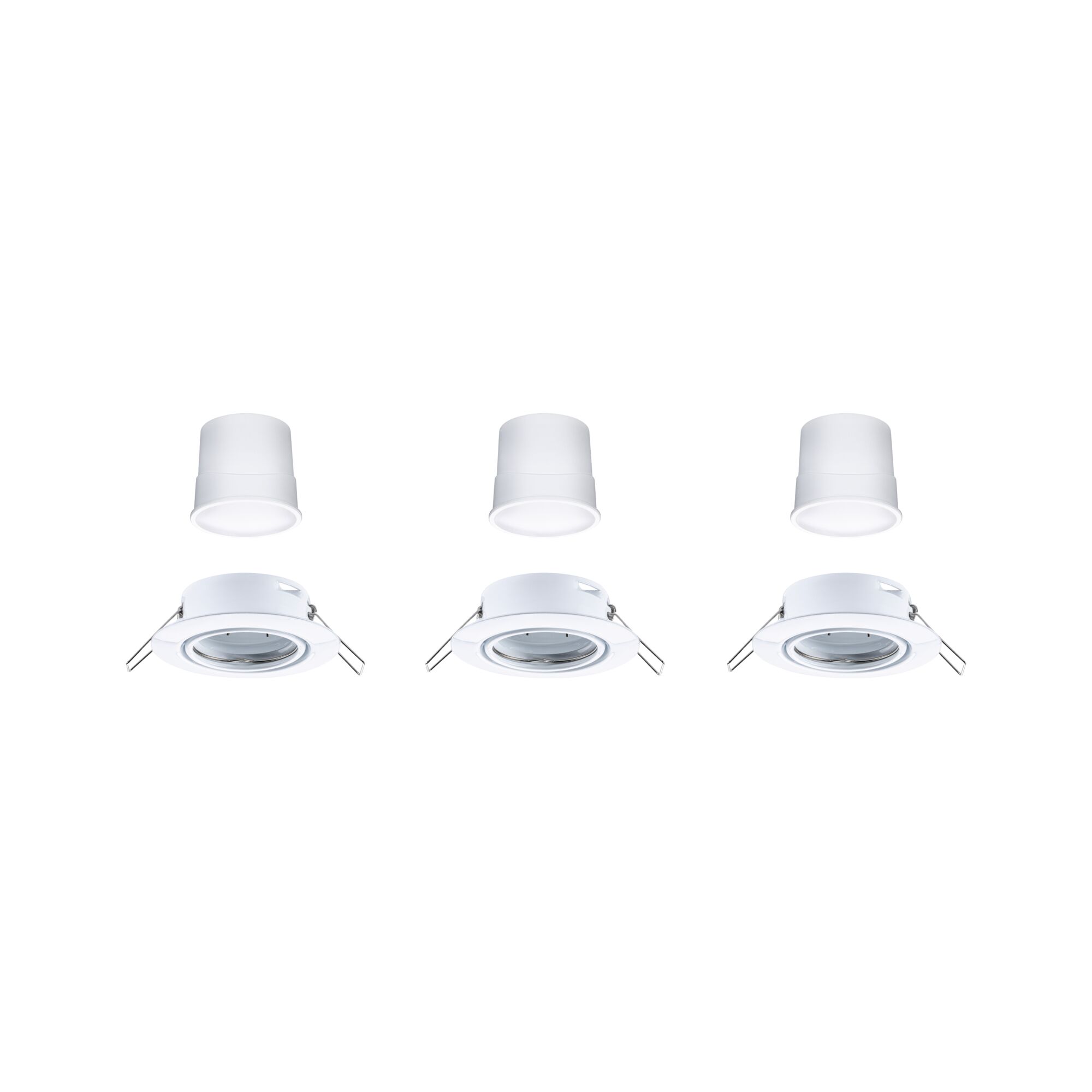 Three white recessed spotlights with removable plastic covers for modern LED lighting solutions.