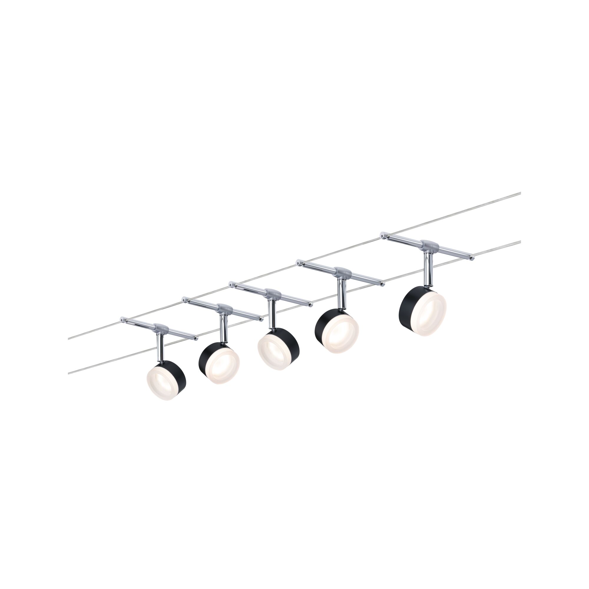 Five black LED cable spotlights with adjustable heads on silver wire system for modern room lighting