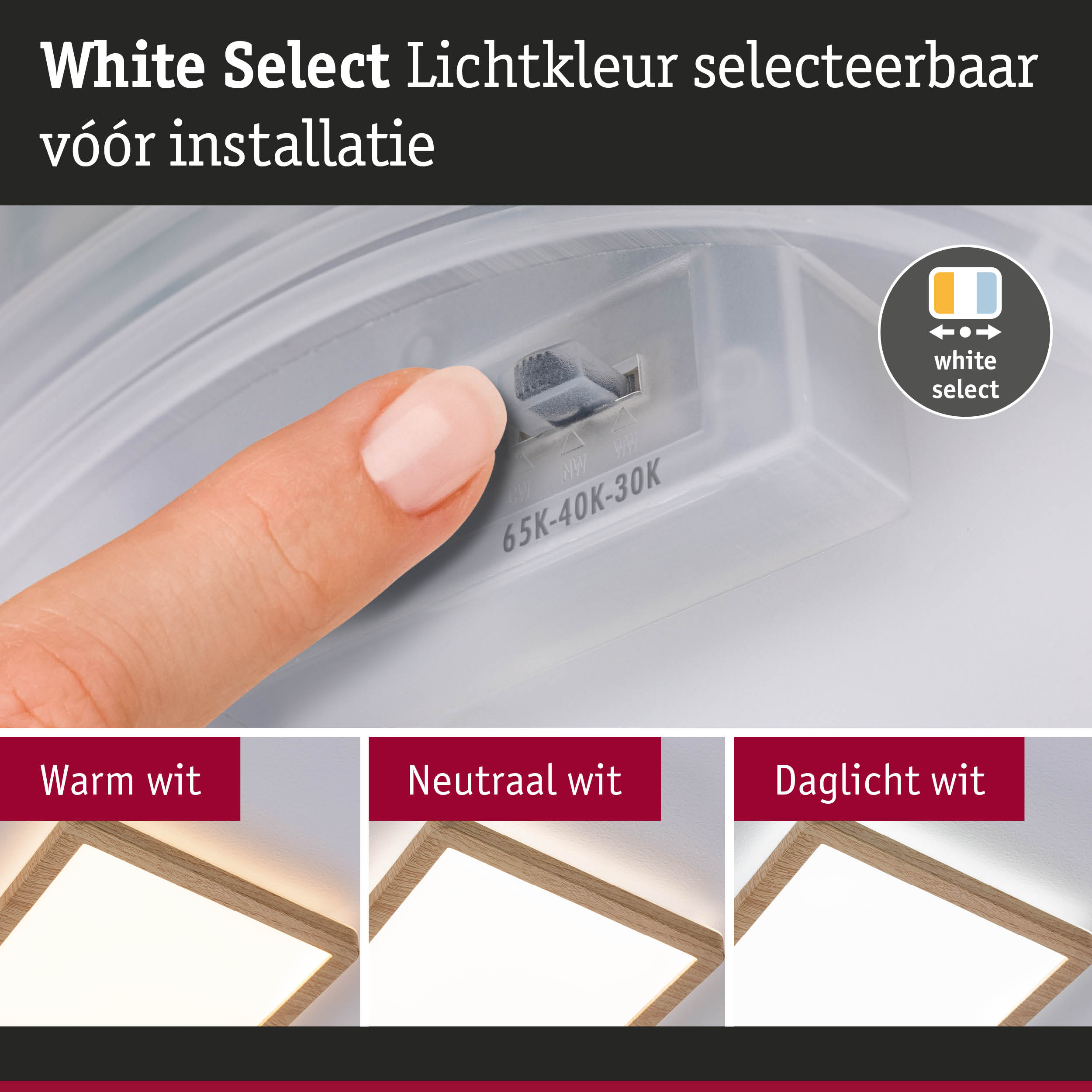 Vinger stelt witte lichtkleur in op LED-plafondpaneel met houten frame voor woonverlichting