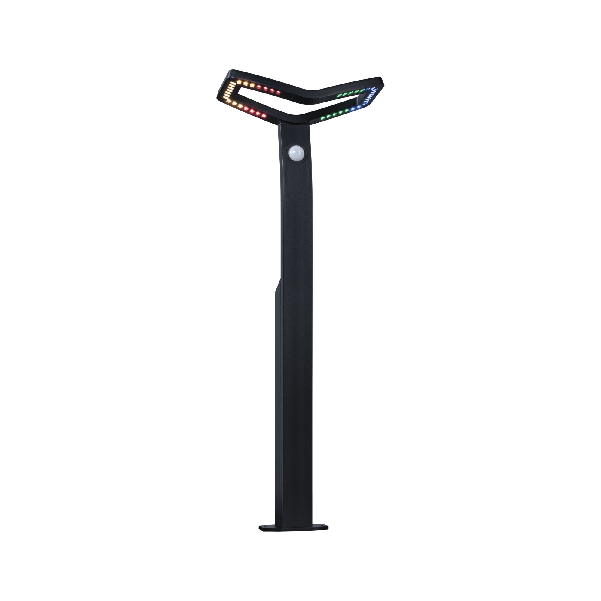 Zwarte metalen LED-buitenlamp met bewegingssensor en meerkleurige verlichting voor tuinverlichting
