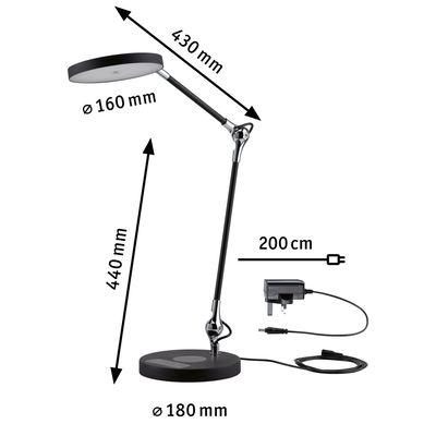 Black LED desk lamp with adjustable arm and 200 cm cable for office lighting