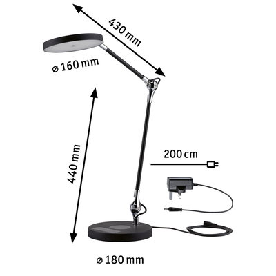 Black LED desk lamp with adjustable arm and 200 cm cable for office lighting