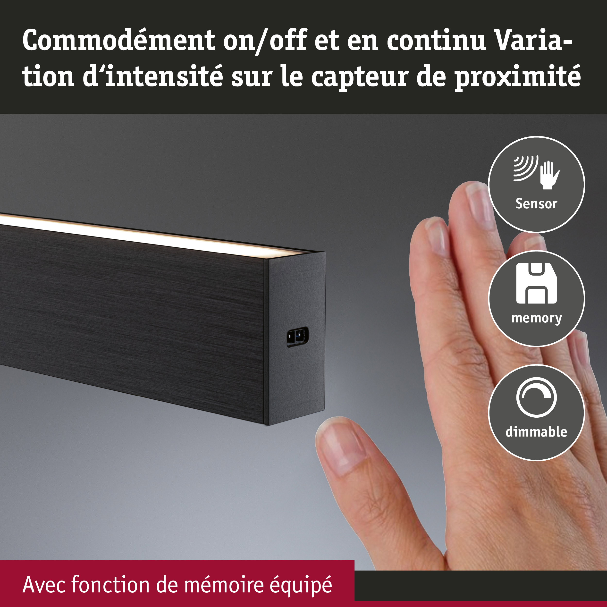 Lampe LED noire avec capteur et fonction mémoire pour éclairage dimmable et contrôle de l'intensité