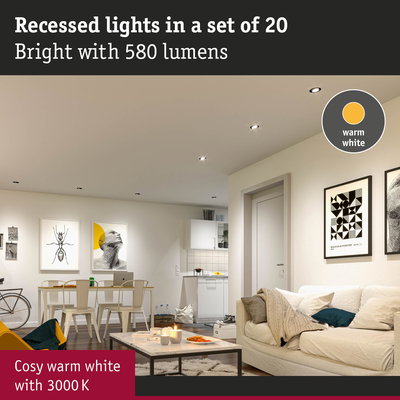 Living room with 20 warm white recessed lights 3000K and 580 lumens for cozy lighting