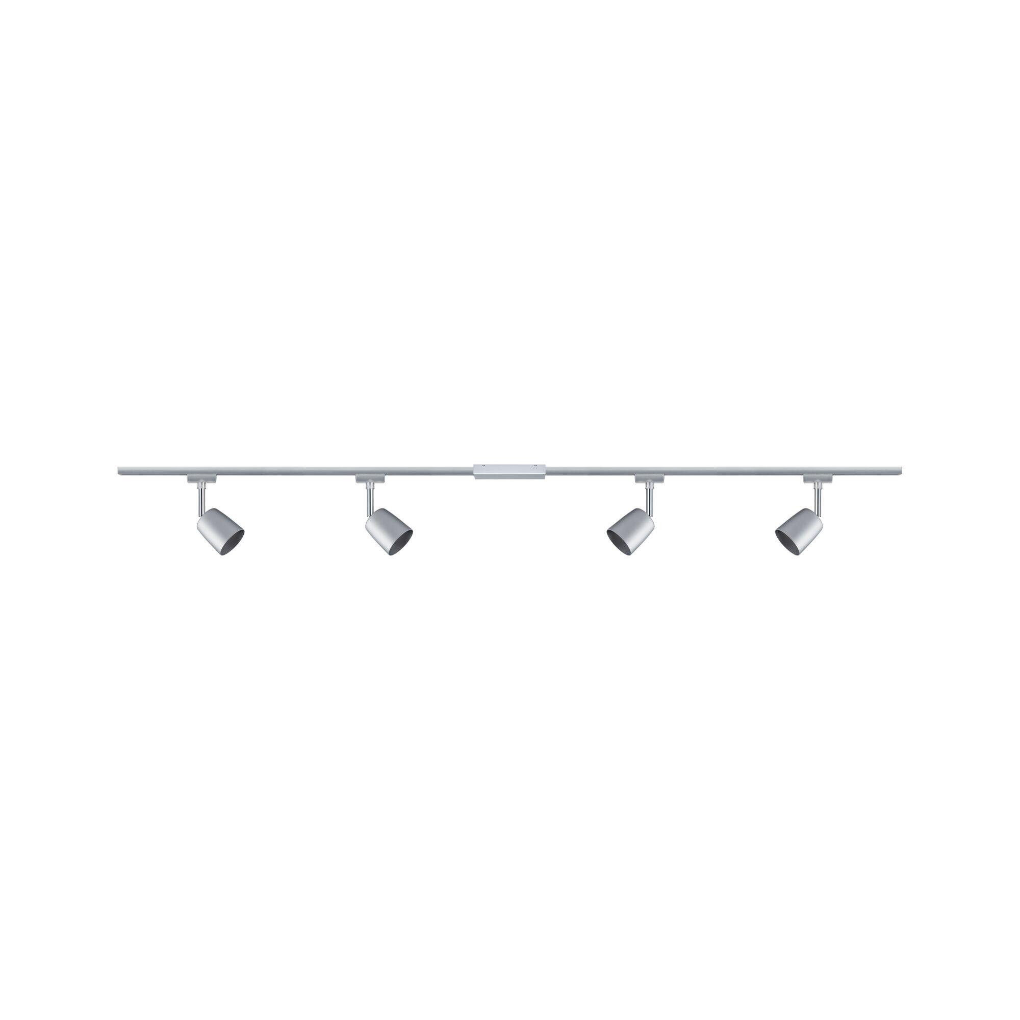 Four-light silver metal LED track with adjustable spotlights for modern interior lighting
