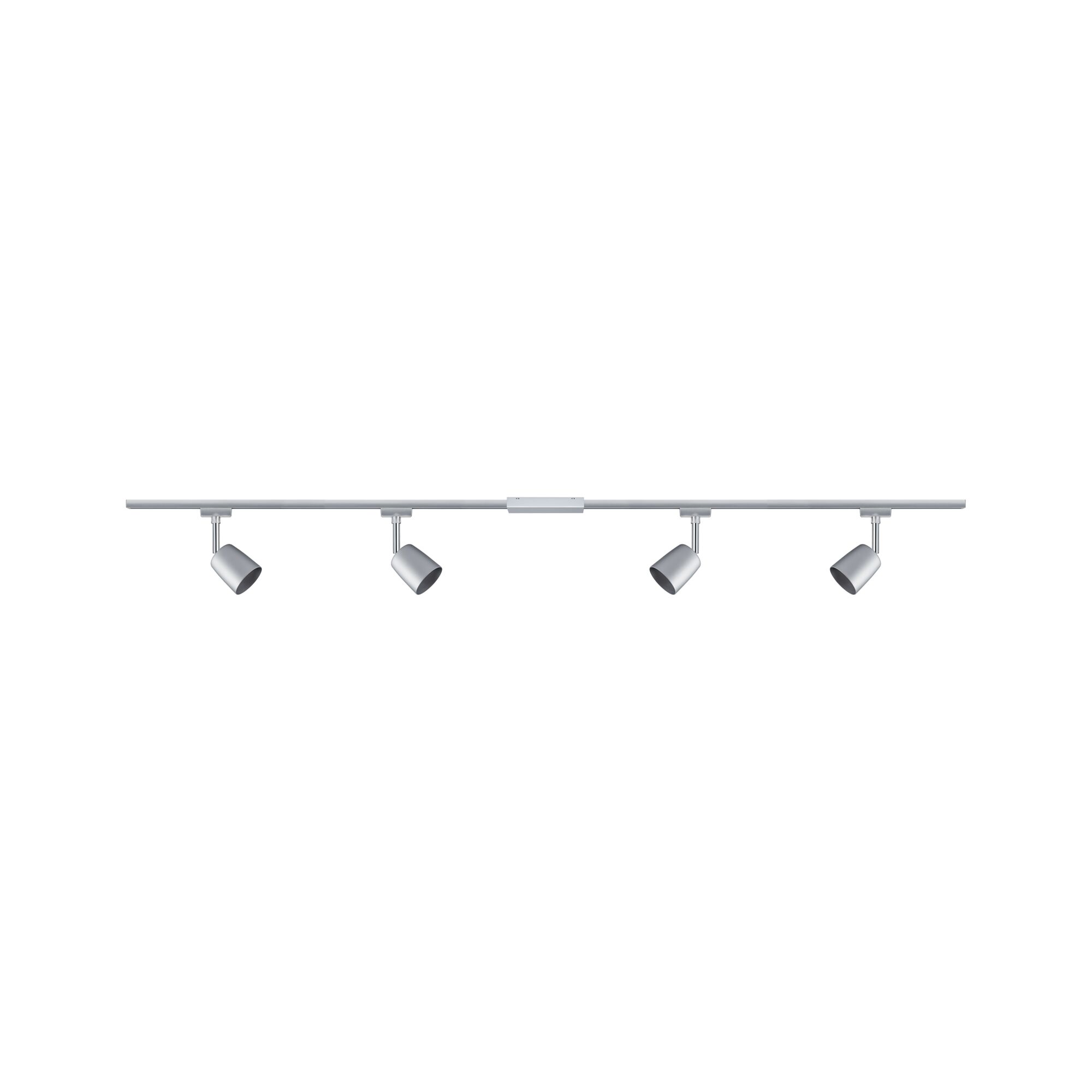 Rail LED à quatre spots en métal argenté avec projecteurs réglables pour éclairage intérieur moderne
